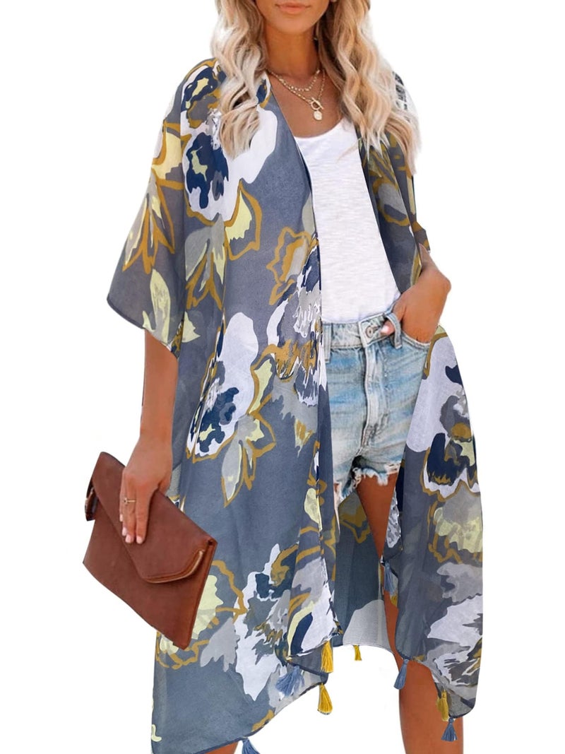 Moss Rose Women's Beach Cover up Swimsuit Kimono with Bohemian Floral Print, Loose Casual Resort Wear - Image 1